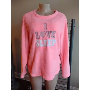Just Be I Love Sleep Pajama Top Pink Fuzzy Fleece Long Sleeve Crew Neck Large
